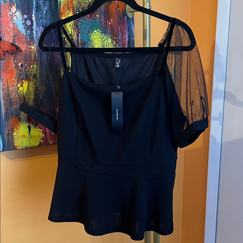 Allegra K Black Mesh Sleeve Blouse